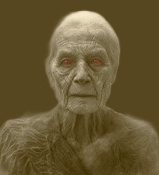 Haunting ghost face of an old woman, characterized by striking red eyes and a long white beard.